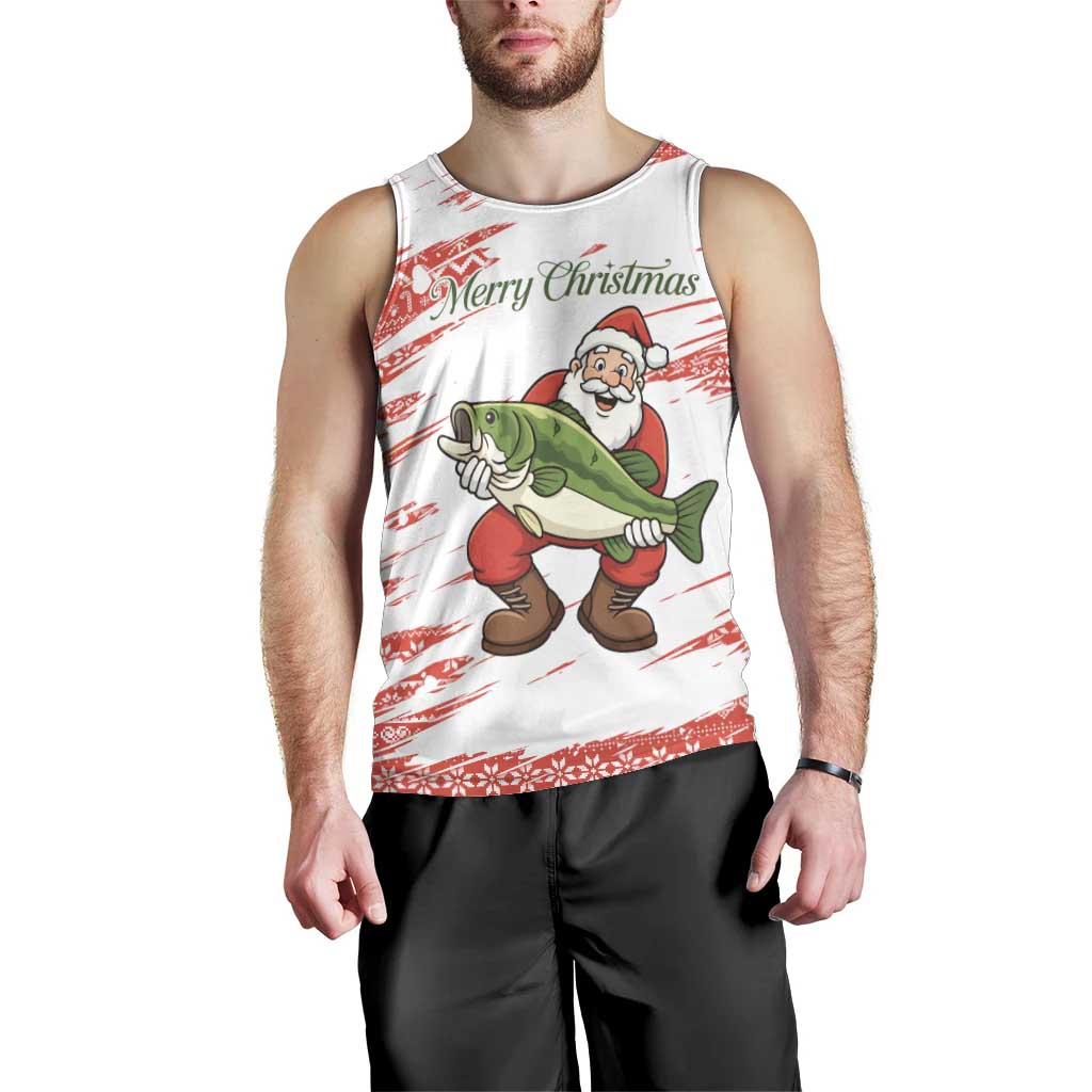 Christmas Fishing Men Tank Top with Santa Claus Fish Tree and Red Snowflake Pattern - Wonder Print Shop