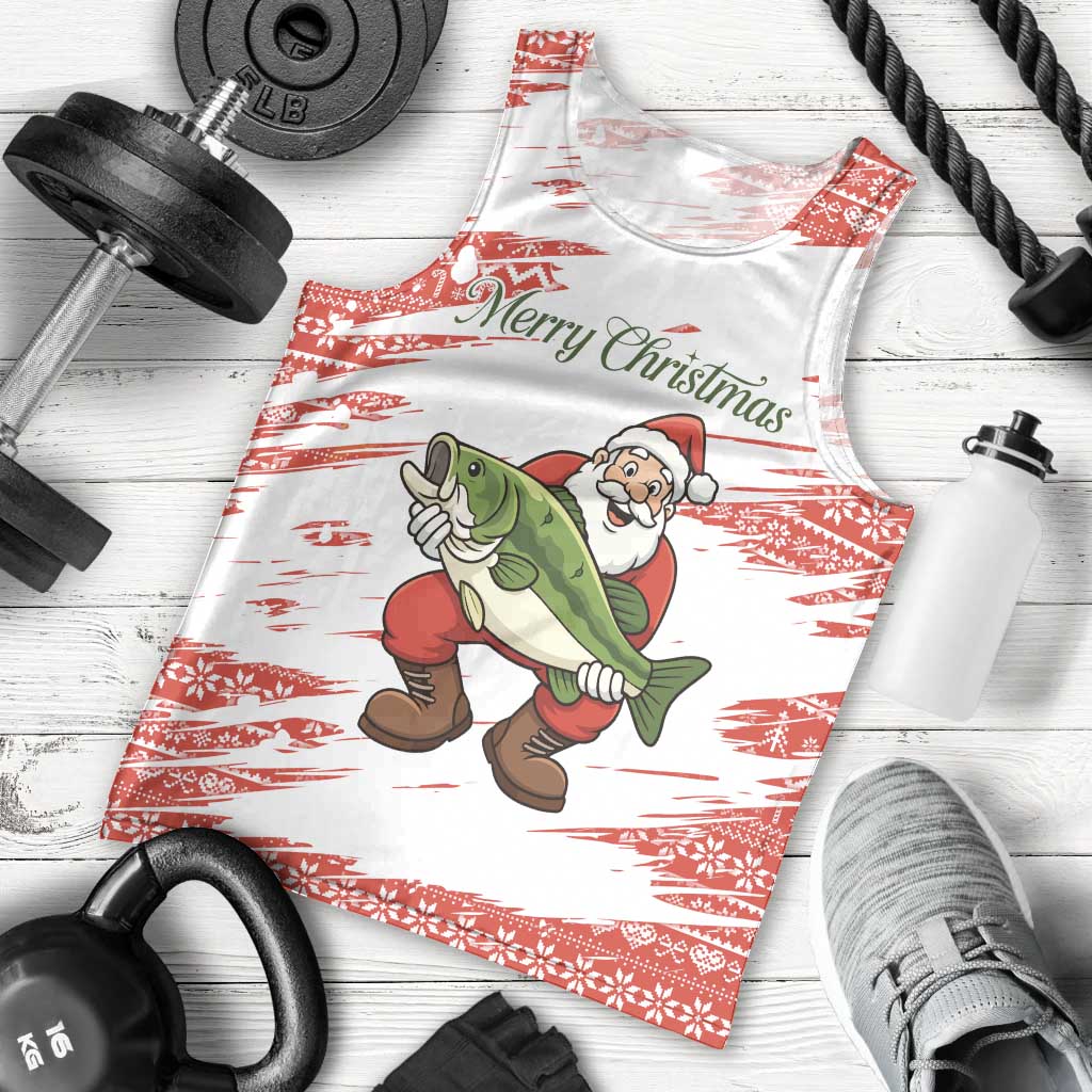 Christmas Fishing Men Tank Top with Santa Claus Fish Tree and Red Snowflake Pattern - Wonder Print Shop