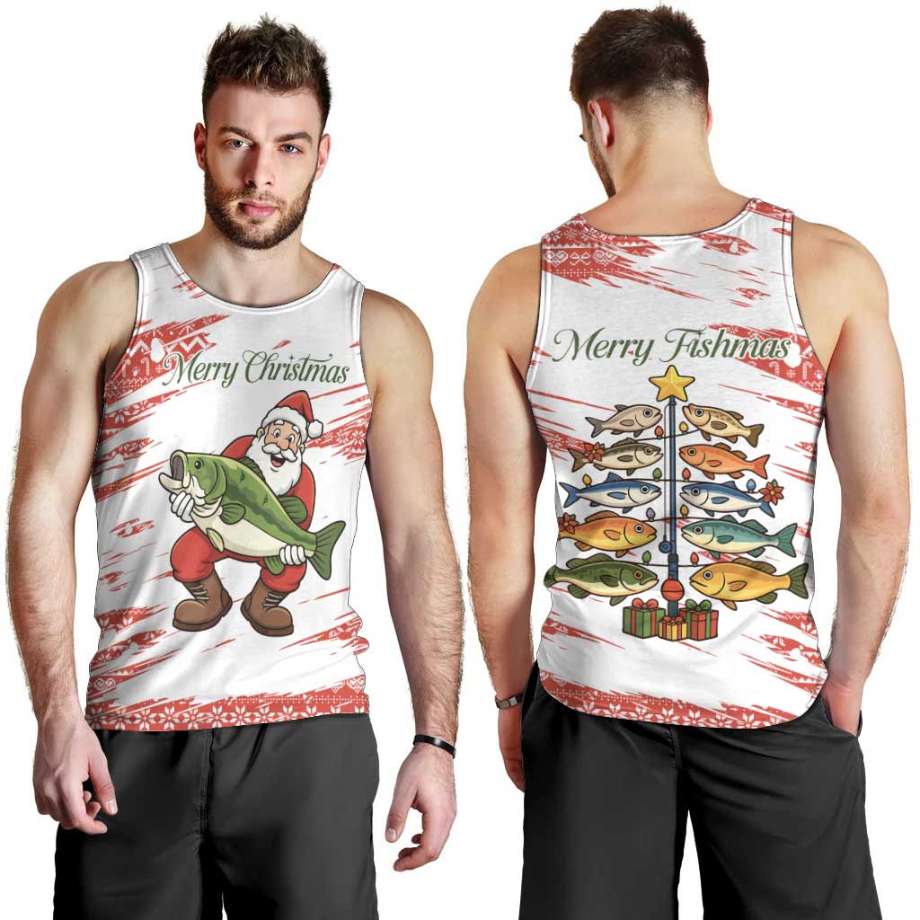 Christmas Fishing Men Tank Top with Santa Claus Fish Tree and Red Snowflake Pattern - Wonder Print Shop