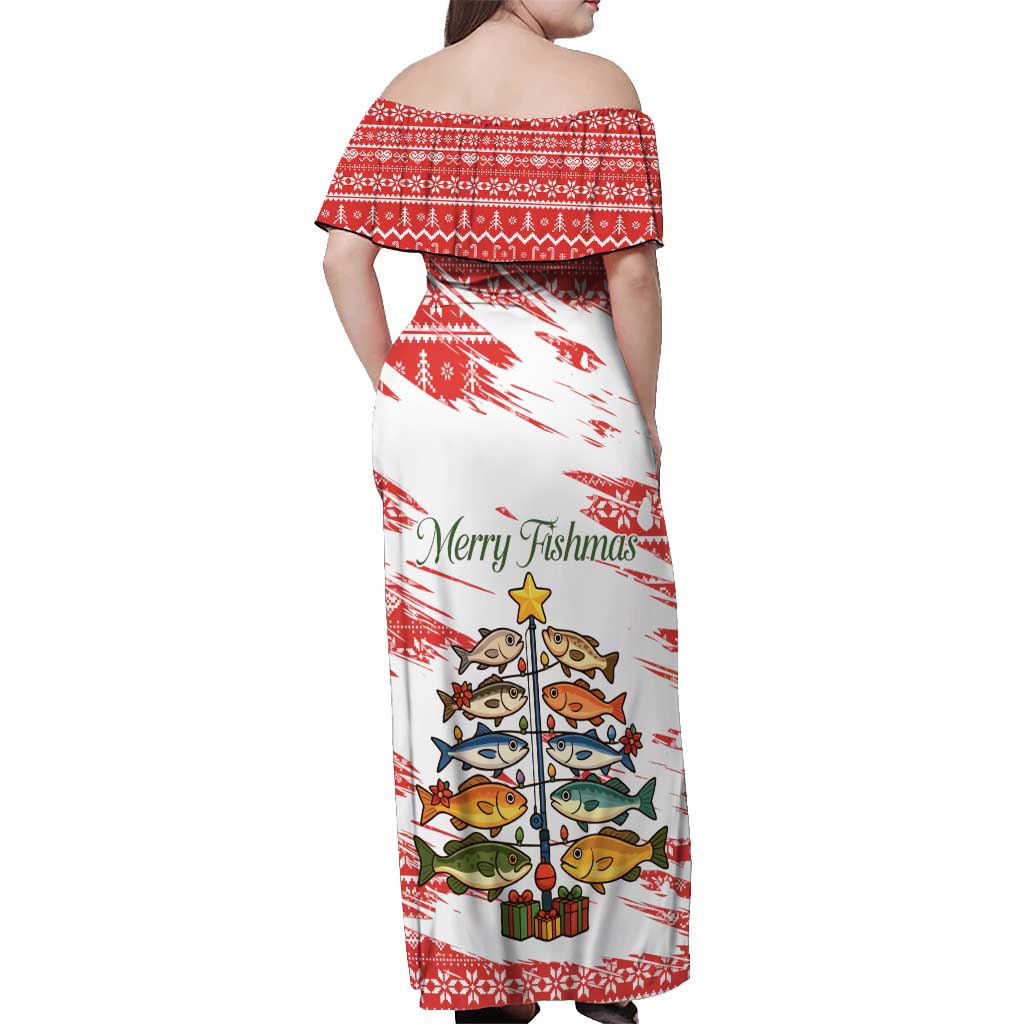 Christmas Fishing Off Shoulder Maxi Dress with Santa Claus Fish Tree and Red Snowflake Pattern - Wonder Print Shop