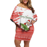 Christmas Fishing Off Shoulder Short Dress with Santa Claus Fish Tree and Red Snowflake Pattern - Wonder Print Shop