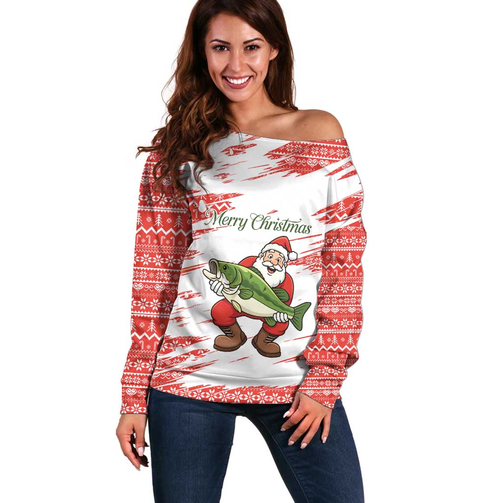 Christmas Fishing Off Shoulder Sweater with Santa Claus Fish Tree and Red Snowflake Pattern - Wonder Print Shop