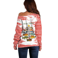 Christmas Fishing Off Shoulder Sweater with Santa Claus Fish Tree and Red Snowflake Pattern - Wonder Print Shop