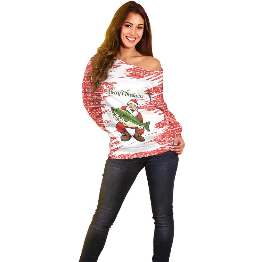 Christmas Fishing Off Shoulder Sweater with Santa Claus Fish Tree and Red Snowflake Pattern - Wonder Print Shop