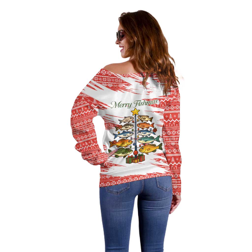 Christmas Fishing Off Shoulder Sweater with Santa Claus Fish Tree and Red Snowflake Pattern - Wonder Print Shop