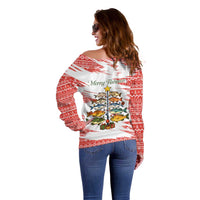 Christmas Fishing Off Shoulder Sweater with Santa Claus Fish Tree and Red Snowflake Pattern - Wonder Print Shop
