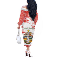 Christmas Fishing Off The Shoulder Long Sleeve Dress with Santa Claus Fish Tree and Red Snowflake Pattern - Wonder Print Shop