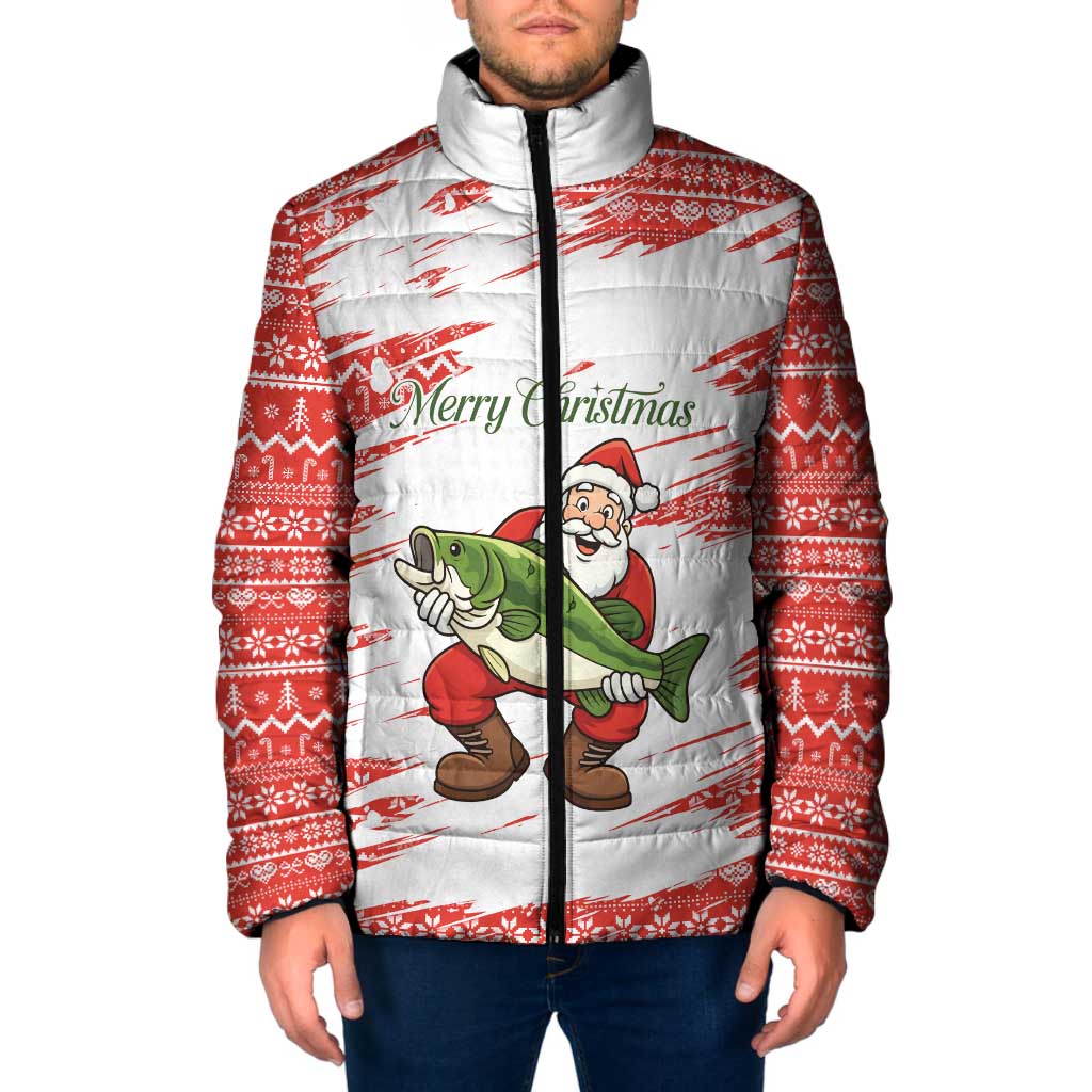 Christmas Fishing Padded Jacket with Santa Claus Fish Tree and Red Snowflake Pattern - Wonder Print Shop