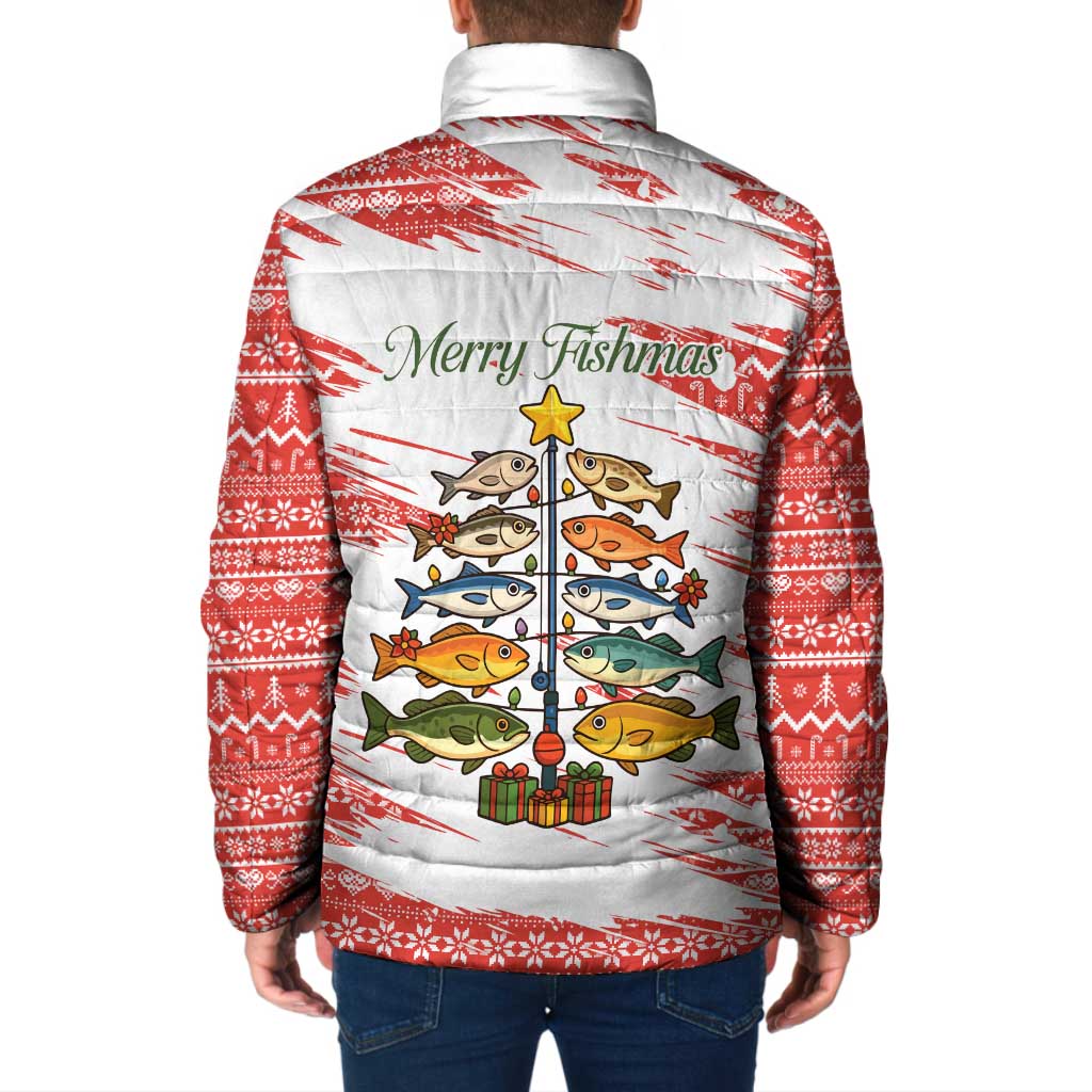 Christmas Fishing Padded Jacket with Santa Claus Fish Tree and Red Snowflake Pattern - Wonder Print Shop