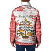 Christmas Fishing Padded Jacket with Santa Claus Fish Tree and Red Snowflake Pattern - Wonder Print Shop