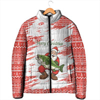 Christmas Fishing Padded Jacket with Santa Claus Fish Tree and Red Snowflake Pattern - Wonder Print Shop