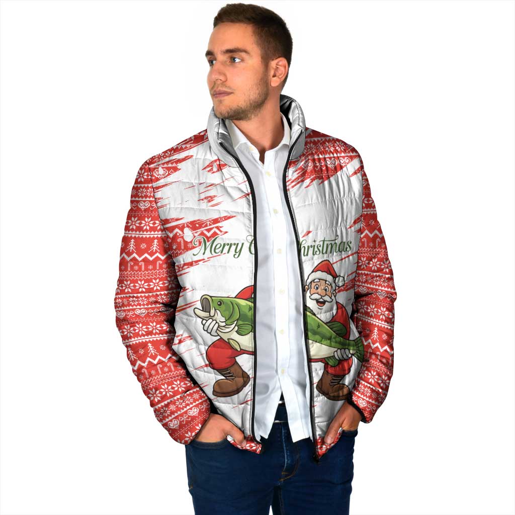 Christmas Fishing Padded Jacket with Santa Claus Fish Tree and Red Snowflake Pattern - Wonder Print Shop