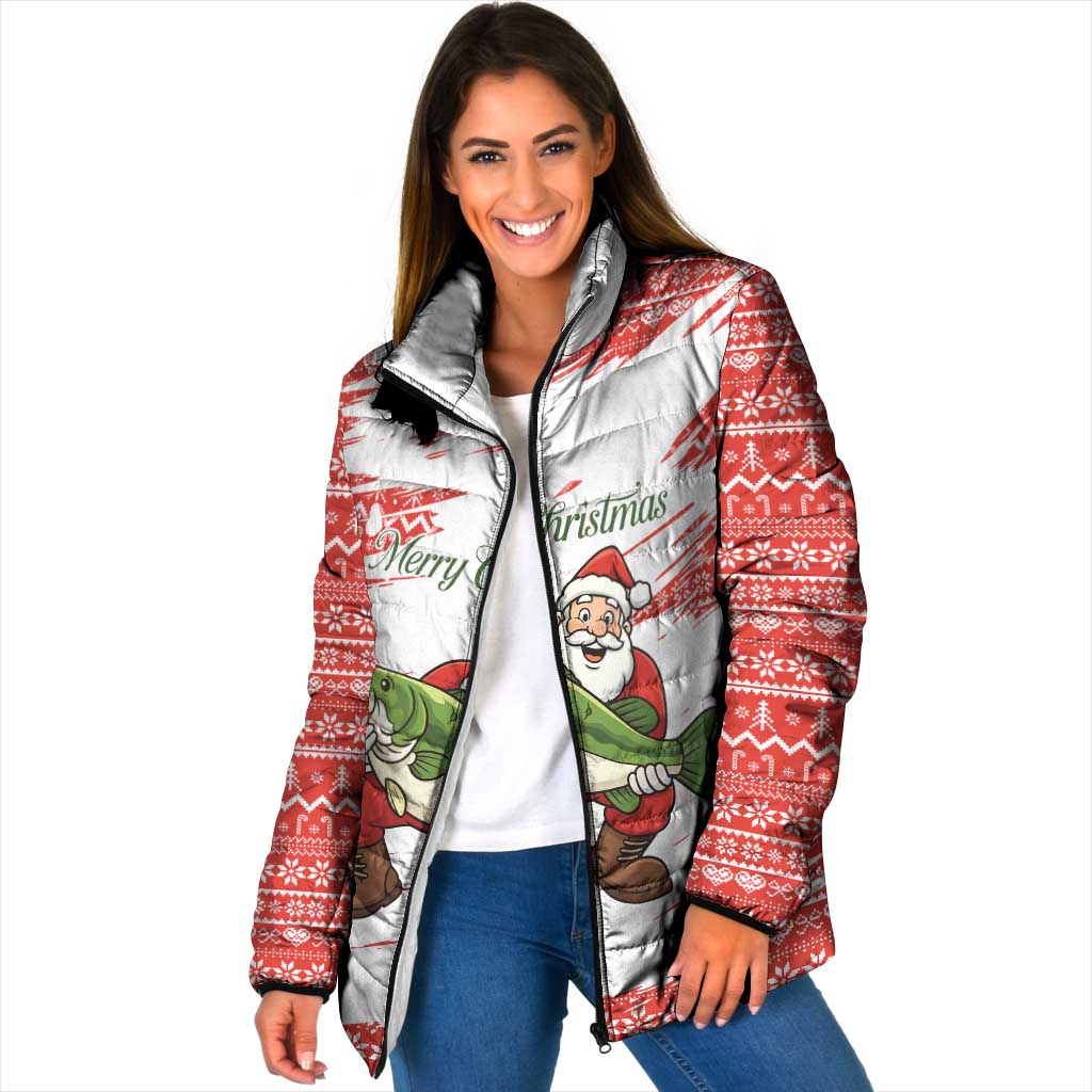 Christmas Fishing Padded Jacket with Santa Claus Fish Tree and Red Snowflake Pattern - Wonder Print Shop