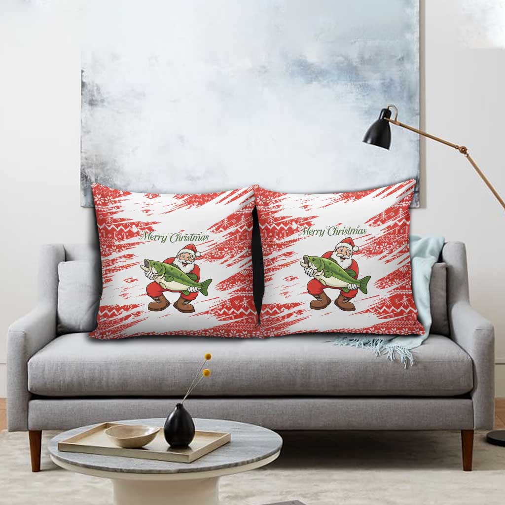 Christmas Fishing Pillow Cover with Santa Claus Fish Tree and Red Snowflake Pattern - Wonder Print Shop
