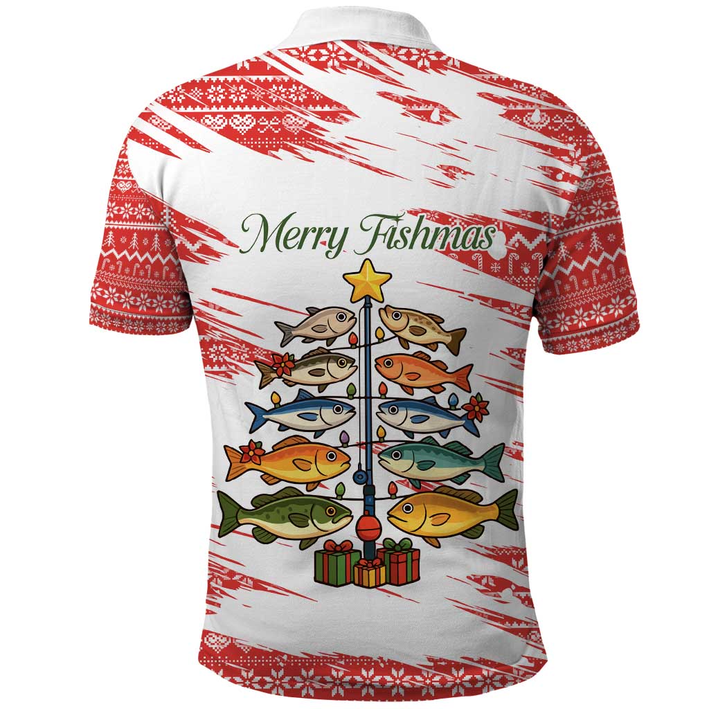 Christmas Fishing Polo Shirt with Santa Claus Fish Tree and Red Snowflake Pattern - Wonder Print Shop