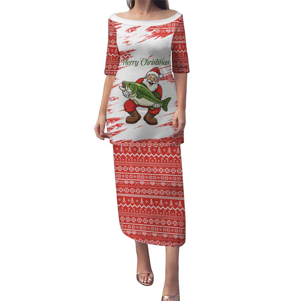 Christmas Fishing Puletasi with Santa Claus Fish Tree and Red Snowflake Pattern - Wonder Print Shop