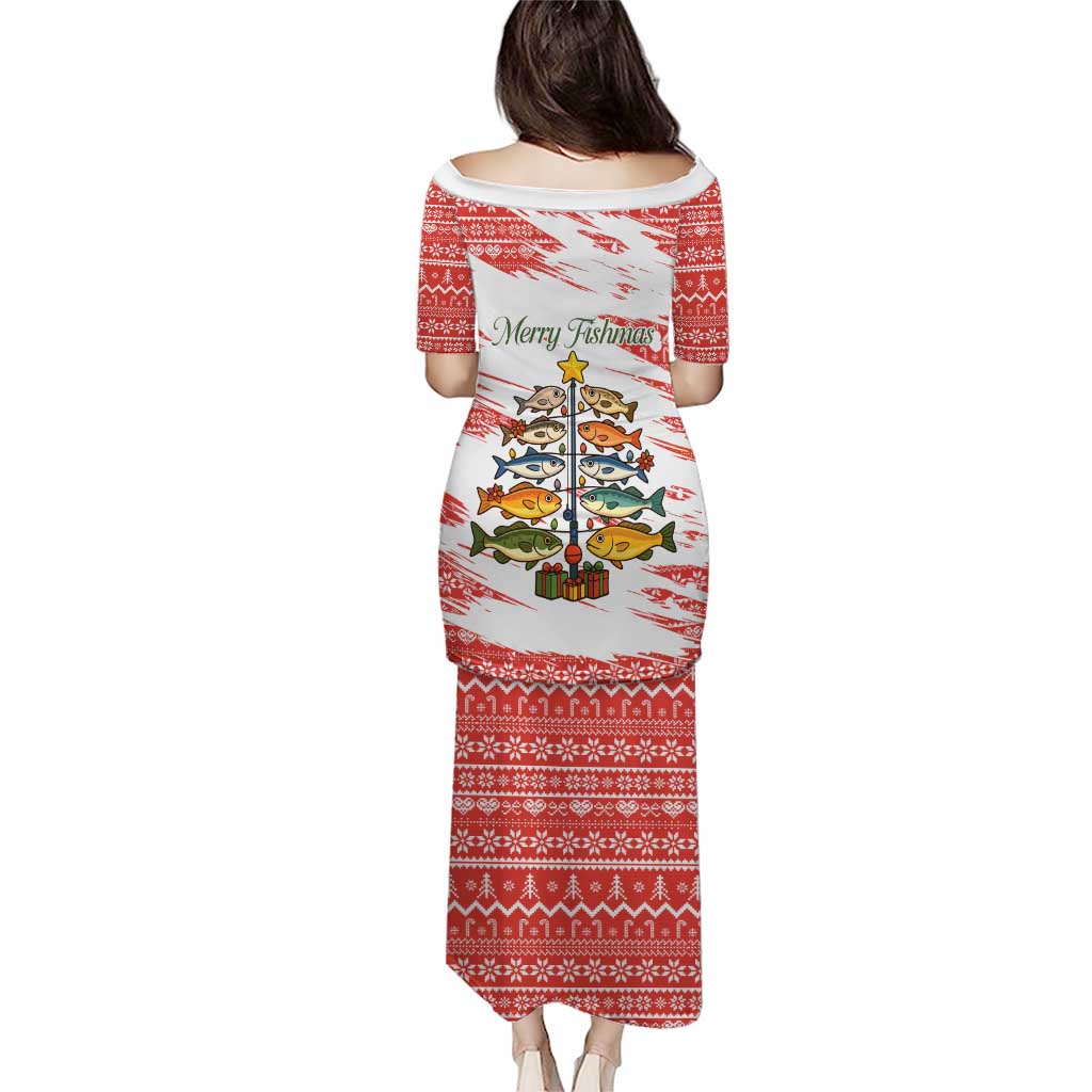 Christmas Fishing Puletasi with Santa Claus Fish Tree and Red Snowflake Pattern - Wonder Print Shop