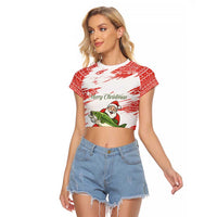 Christmas Fishing Raglan Cropped T Shirt with Santa Claus Fish Tree and Red Snowflake Pattern - Wonder Print Shop
