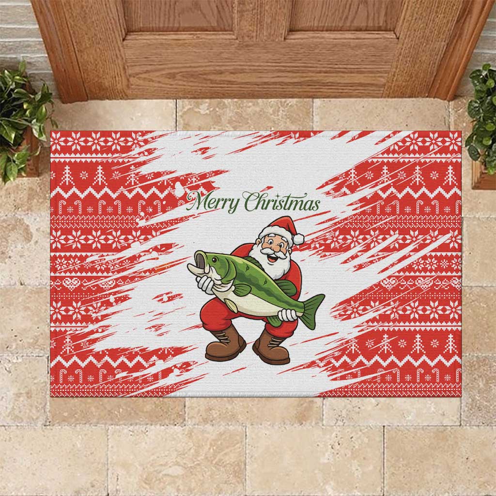 Christmas Fishing Rubber Doormat with Santa Claus Fish Tree and Red Snowflake Pattern - Wonder Print Shop