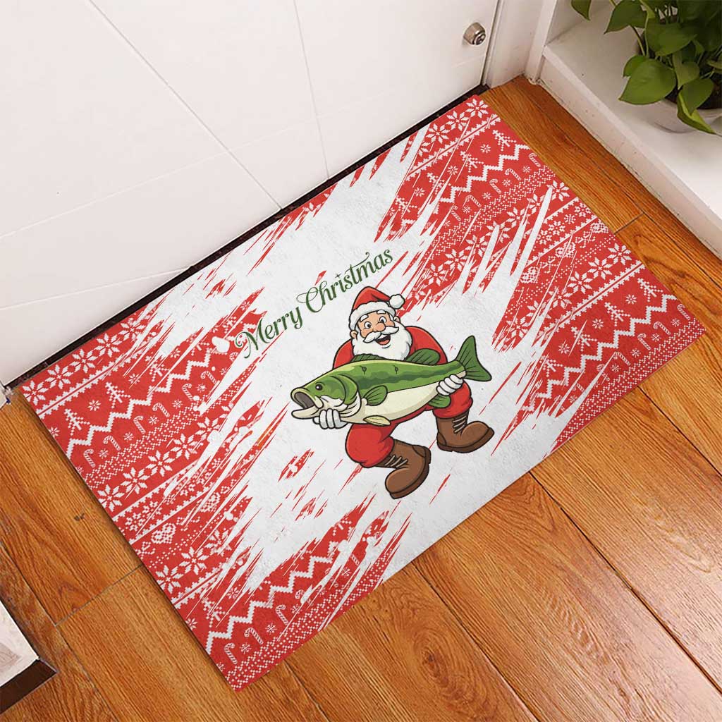 Christmas Fishing Rubber Doormat with Santa Claus Fish Tree and Red Snowflake Pattern - Wonder Print Shop