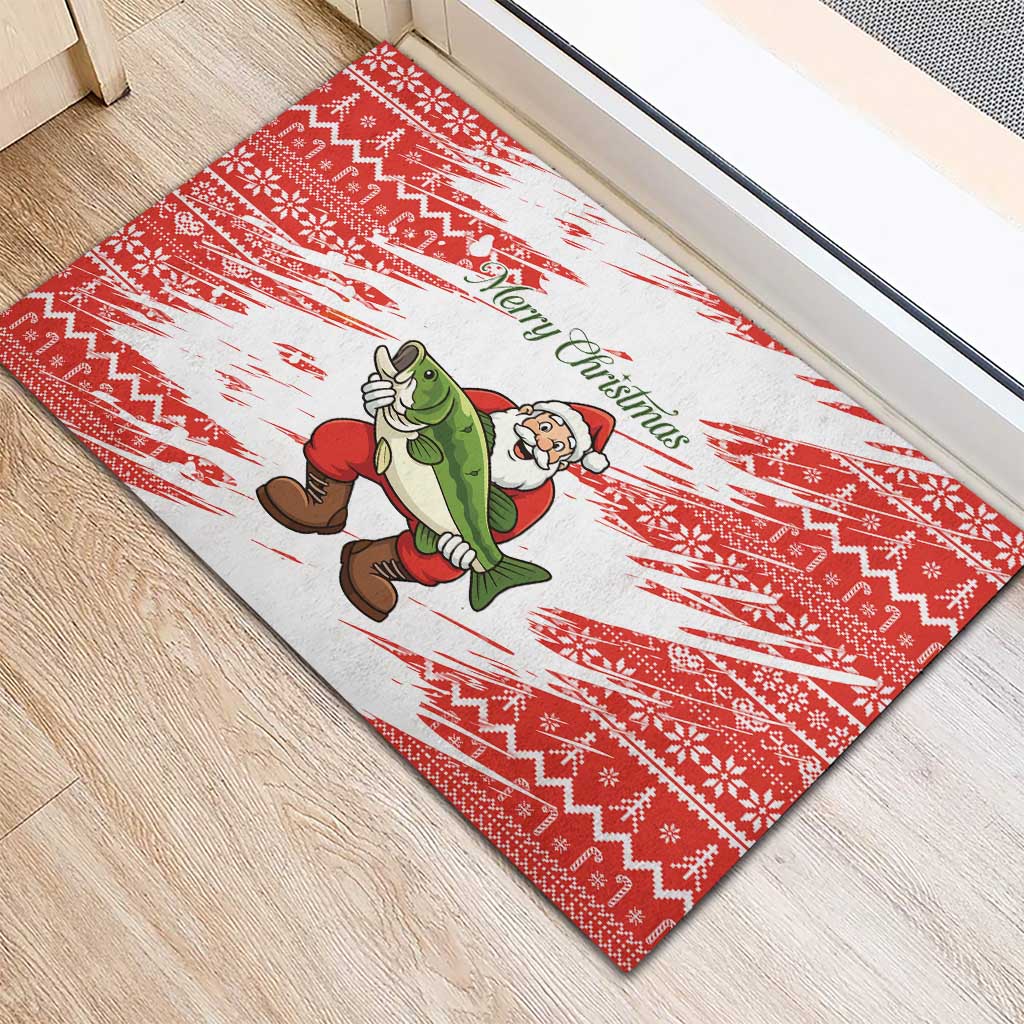 Christmas Fishing Rubber Doormat with Santa Claus Fish Tree and Red Snowflake Pattern - Wonder Print Shop