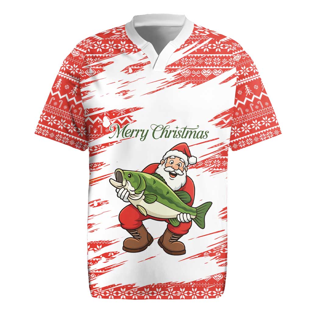 Christmas Fishing Rugby Jersey with Santa Claus Fish Tree and Red Snowflake Pattern - Wonder Print Shop
