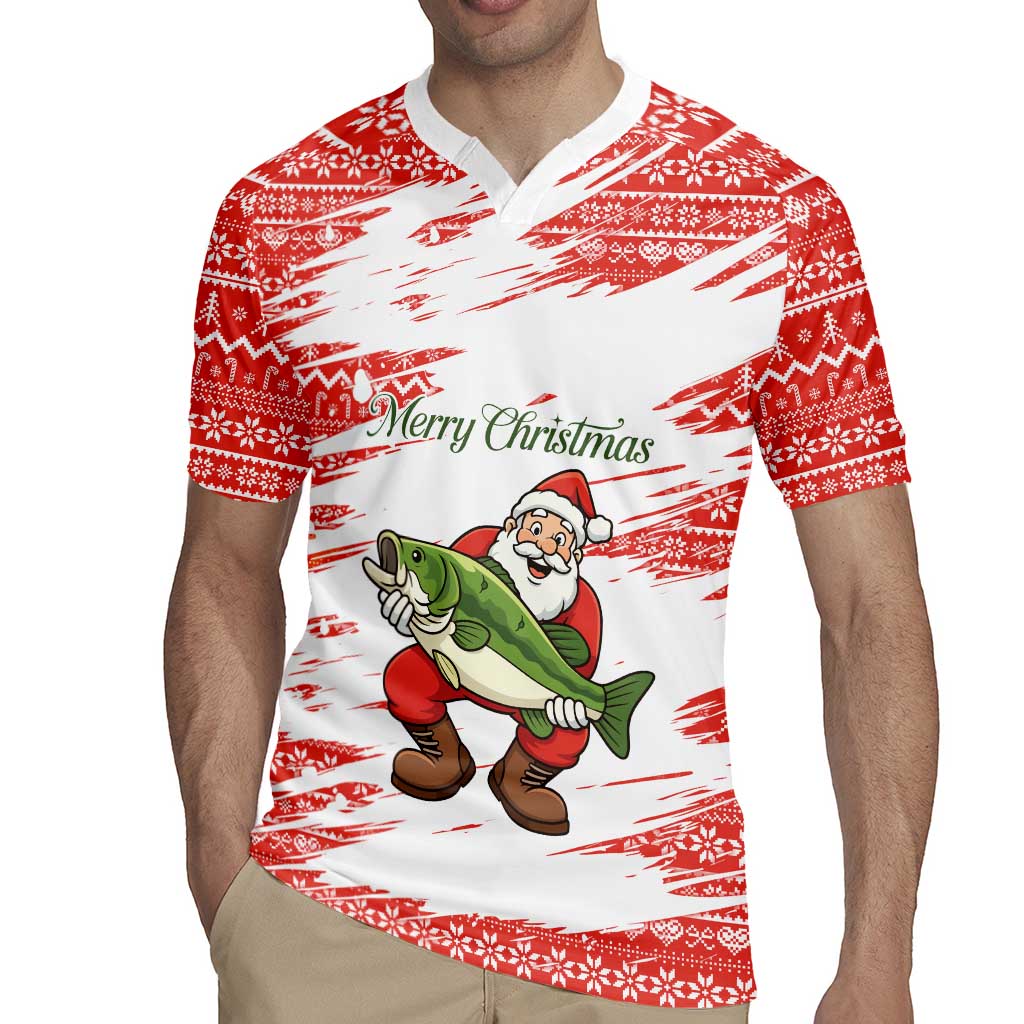 Christmas Fishing Rugby Jersey with Santa Claus Fish Tree and Red Snowflake Pattern - Wonder Print Shop