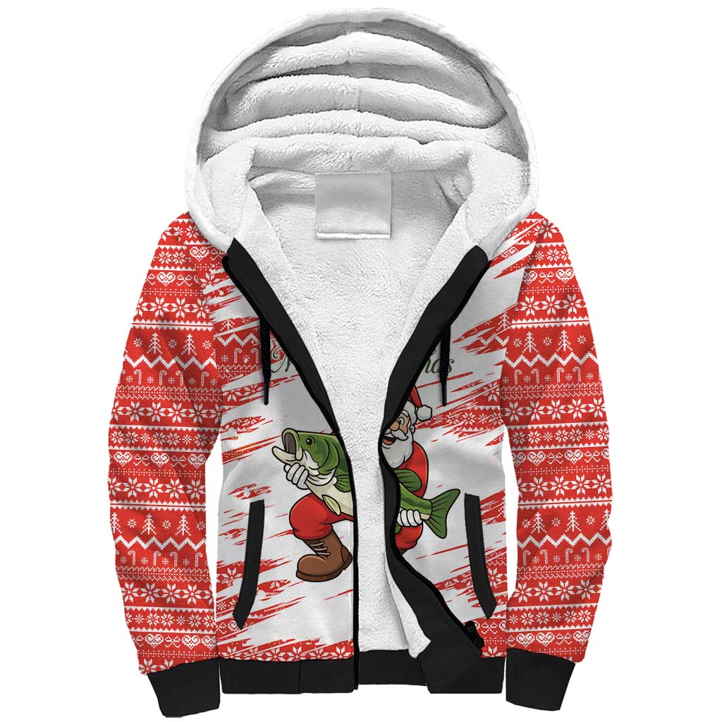 Christmas Fishing Sherpa Hoodie with Santa Claus Fish Tree and Red Snowflake Pattern - Wonder Print Shop