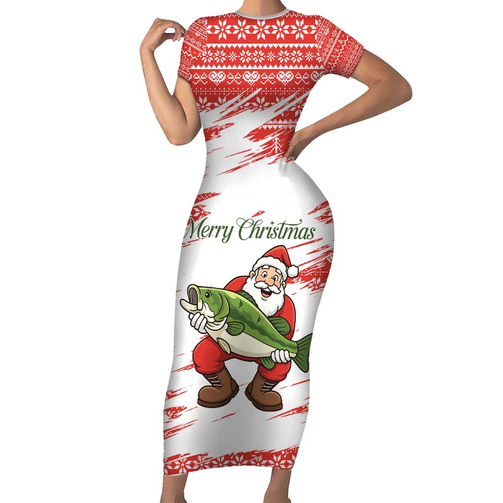 Christmas Fishing Short Sleeve Bodycon Dress with Santa Claus Fish Tree and Red Snowflake Pattern - Wonder Print Shop