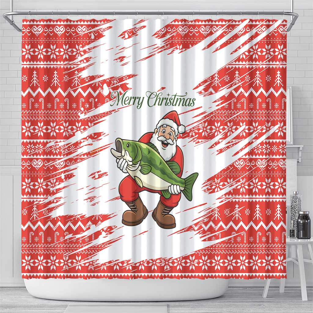 Christmas Fishing Shower Curtain with Santa Claus Fish Tree and Red Snowflake Pattern - Wonder Print Shop