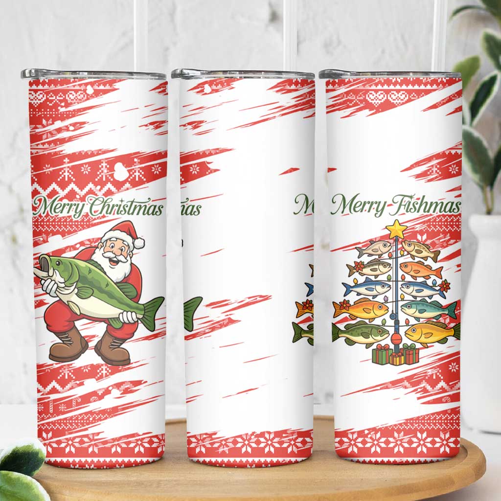 Christmas Fishing Skinny Tumbler with Santa Claus Fish Tree and Red Snowflake Pattern - Wonder Print Shop