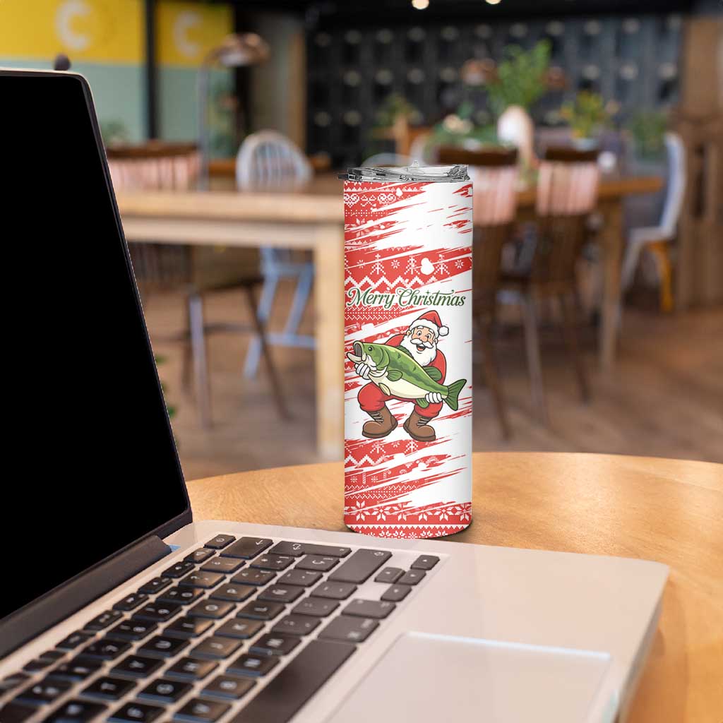 Christmas Fishing Skinny Tumbler with Santa Claus Fish Tree and Red Snowflake Pattern - Wonder Print Shop