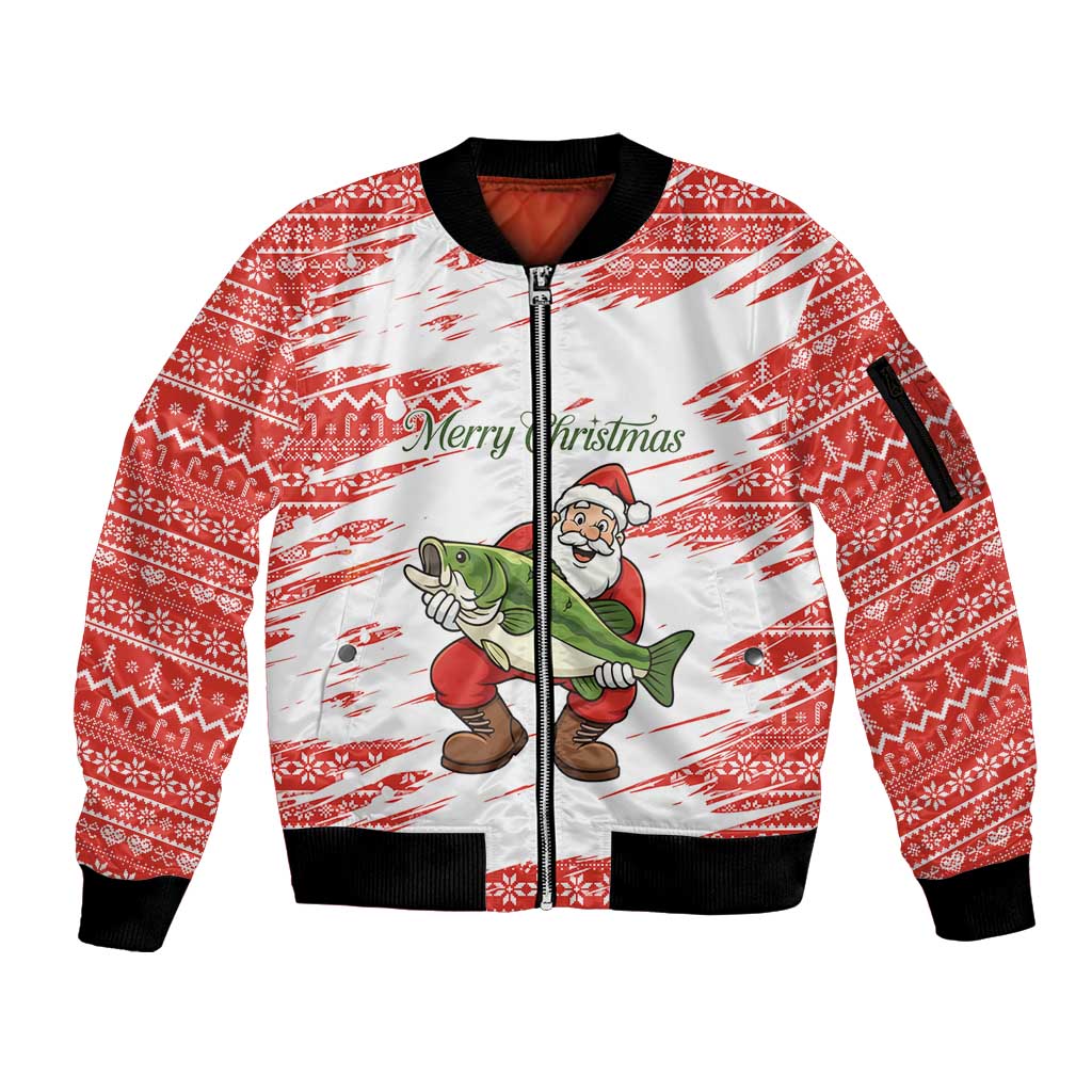 Christmas Fishing Sleeve Zip Bomber Jacket with Santa Claus Fish Tree and Red Snowflake Pattern - Wonder Print Shop