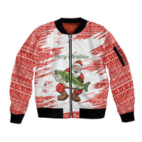 Christmas Fishing Sleeve Zip Bomber Jacket with Santa Claus Fish Tree and Red Snowflake Pattern - Wonder Print Shop