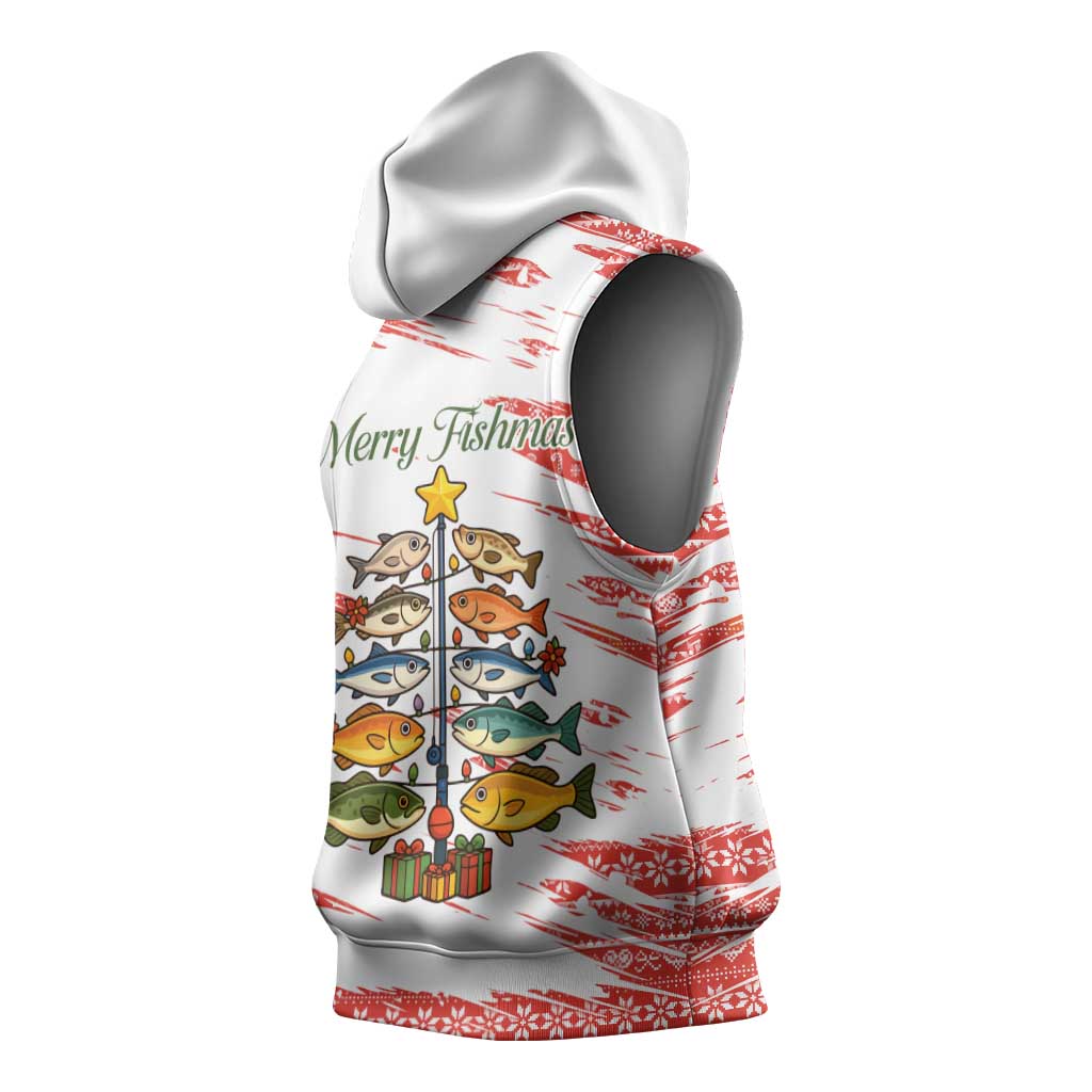 Christmas Fishing Sleeveless Hoodie with Santa Claus Fish Tree and Red Snowflake Pattern - Wonder Print Shop