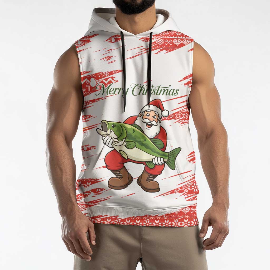 Christmas Fishing Sleeveless Hoodie with Santa Claus Fish Tree and Red Snowflake Pattern - Wonder Print Shop