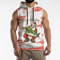 Christmas Fishing Sleeveless Hoodie with Santa Claus Fish Tree and Red Snowflake Pattern - Wonder Print Shop