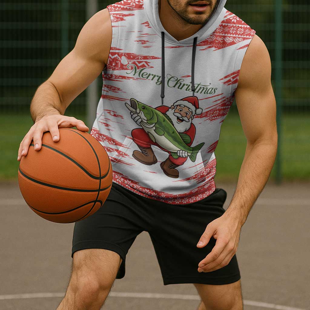 Christmas Fishing Sleeveless Hoodie with Santa Claus Fish Tree and Red Snowflake Pattern - Wonder Print Shop