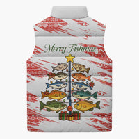 Christmas Fishing Sleeveless Puffer Jacket with Santa Claus Fish Tree and Red Snowflake Pattern - Wonder Print Shop