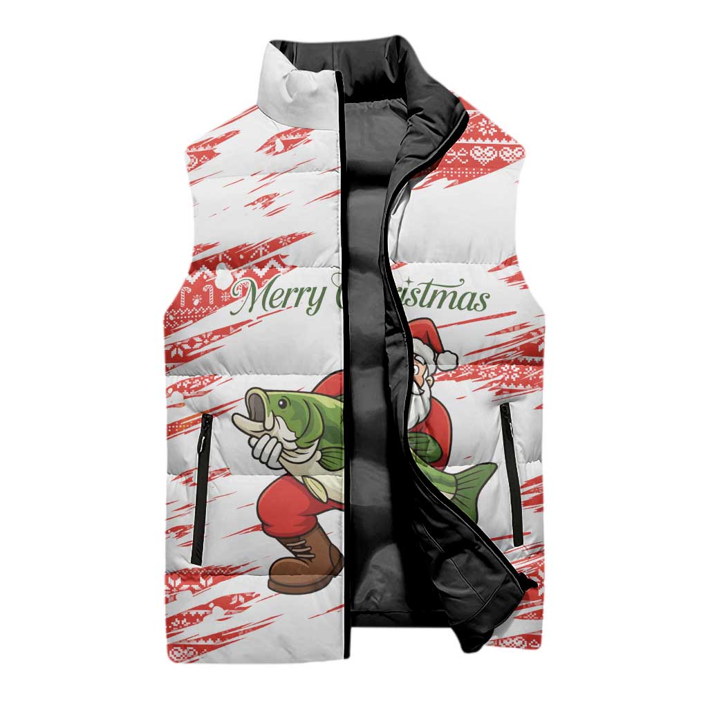 Christmas Fishing Sleeveless Puffer Jacket with Santa Claus Fish Tree and Red Snowflake Pattern - Wonder Print Shop