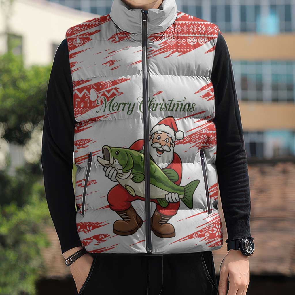 Christmas Fishing Sleeveless Puffer Jacket with Santa Claus Fish Tree and Red Snowflake Pattern - Wonder Print Shop
