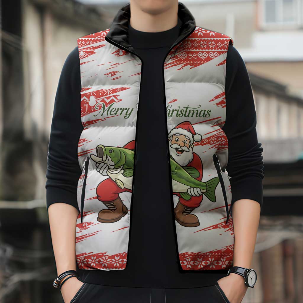 Christmas Fishing Sleeveless Puffer Jacket with Santa Claus Fish Tree and Red Snowflake Pattern - Wonder Print Shop