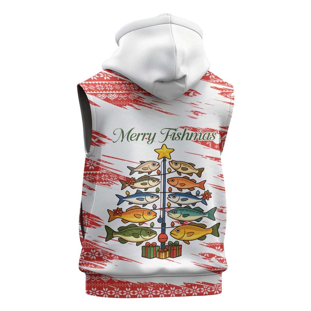 Christmas Fishing Sleeveless Zip Hoodie with Santa Claus Fish Tree and Red Snowflake Pattern - Wonder Print Shop