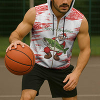 Christmas Fishing Sleeveless Zip Hoodie with Santa Claus Fish Tree and Red Snowflake Pattern - Wonder Print Shop