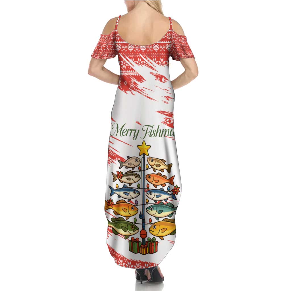 Christmas Fishing Summer Maxi Dress with Santa Claus Fish Tree and Red Snowflake Pattern - Wonder Print Shop