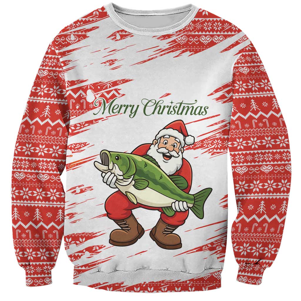 Christmas Fishing Sweatshirt with Santa Claus Fish Tree and Red Snowflake Pattern - Wonder Print Shop