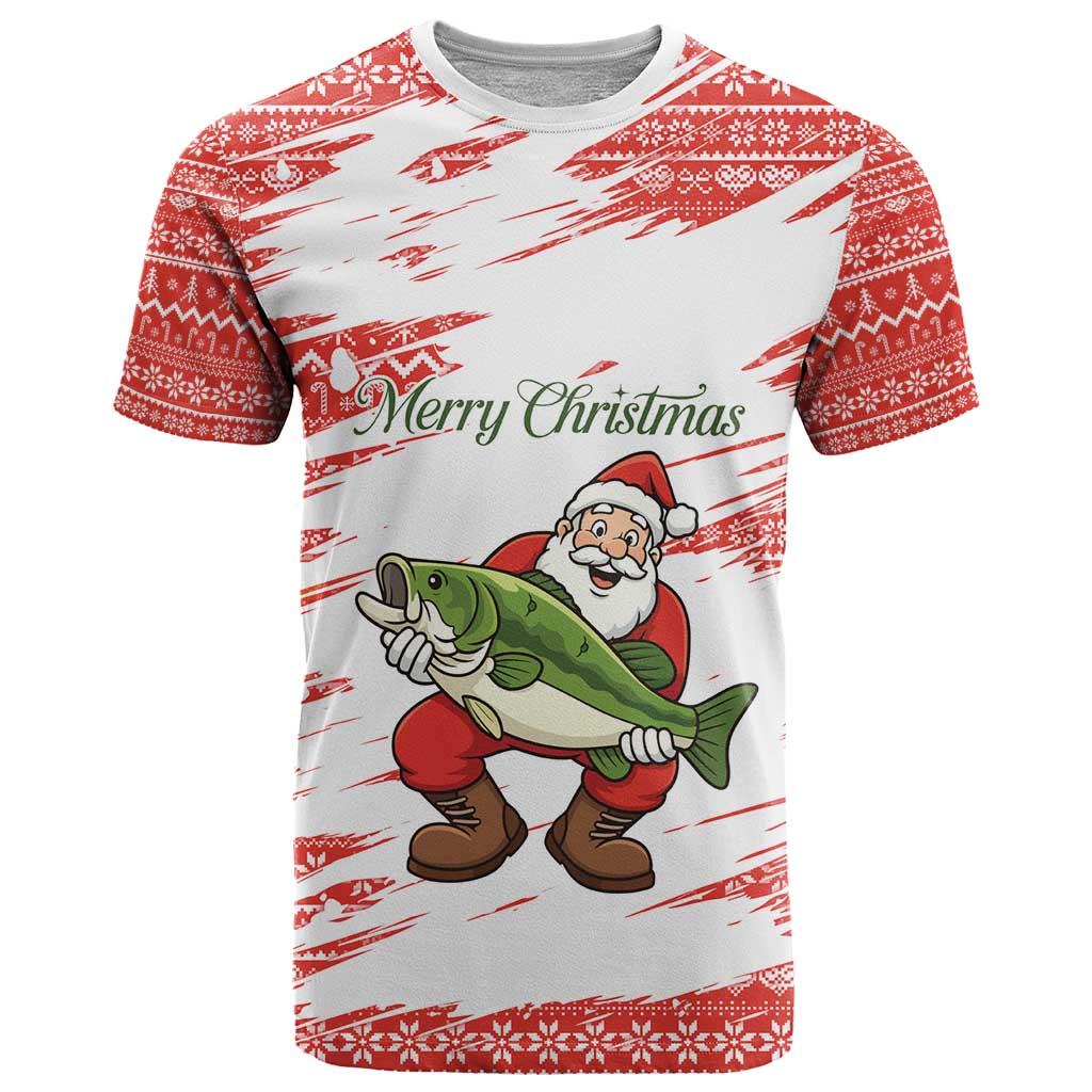 Christmas Fishing T Shirt with Santa Claus Fish Tree and Red Snowflake Pattern - Wonder Print Shop
