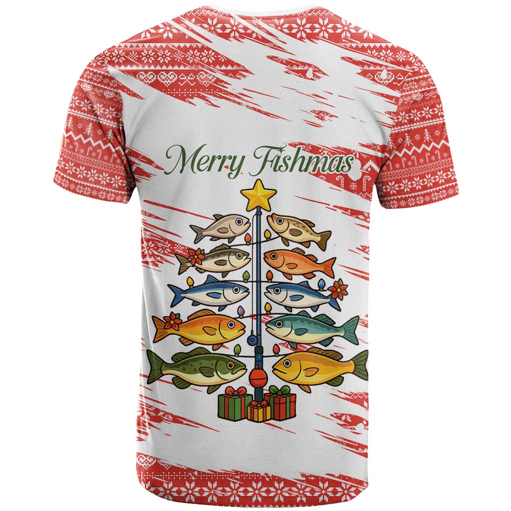 Christmas Fishing T Shirt with Santa Claus Fish Tree and Red Snowflake Pattern - Wonder Print Shop