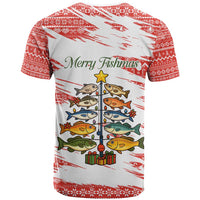 Christmas Fishing T Shirt with Santa Claus Fish Tree and Red Snowflake Pattern - Wonder Print Shop