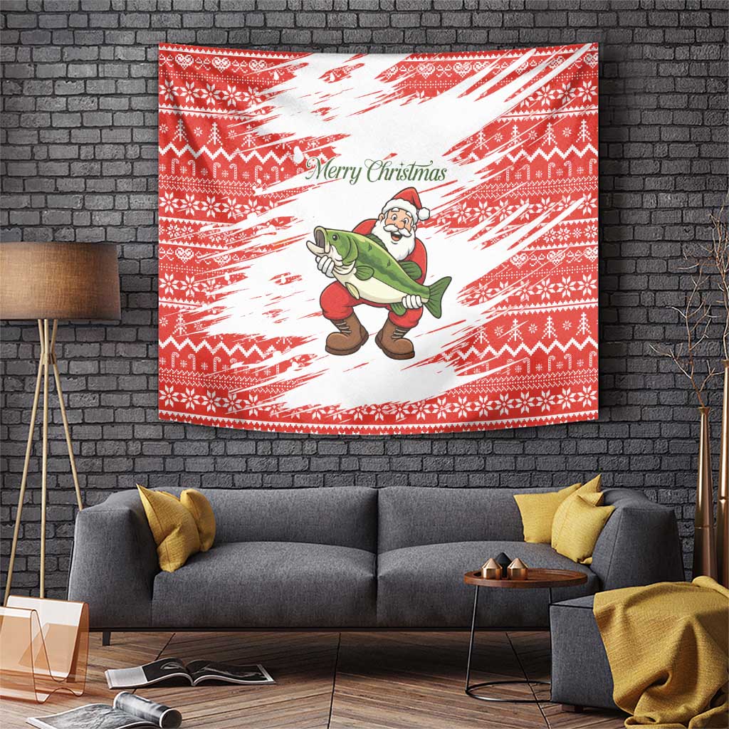Christmas Fishing Tapestry with Santa Claus Fish Tree and Red Snowflake Pattern - Wonder Print Shop